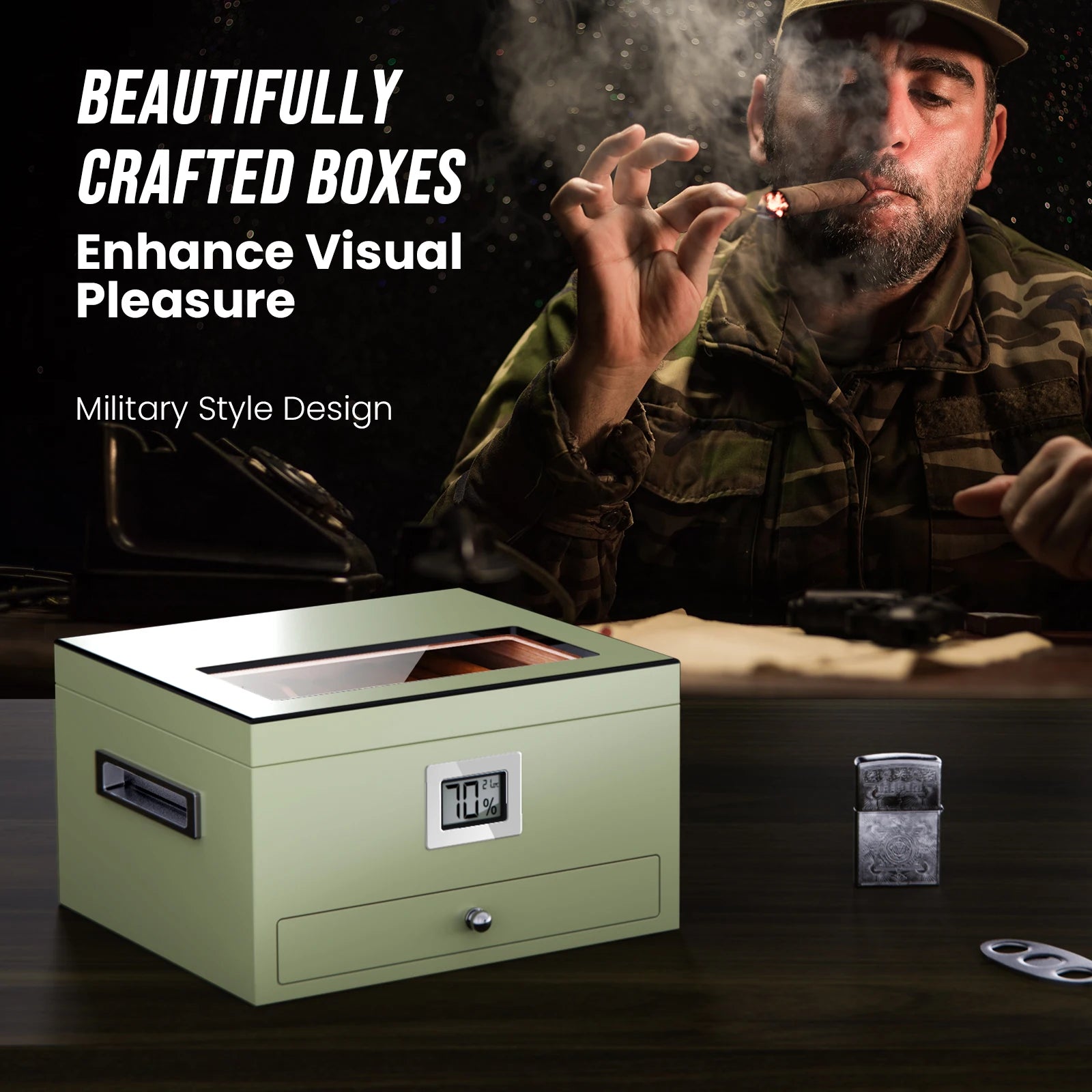 Cigar Humidor Box w/ Hygrometer Humidifier Portable Smoking Accessories Glass Window Cigarette Cedar Wood Case Holds 30-70 Count