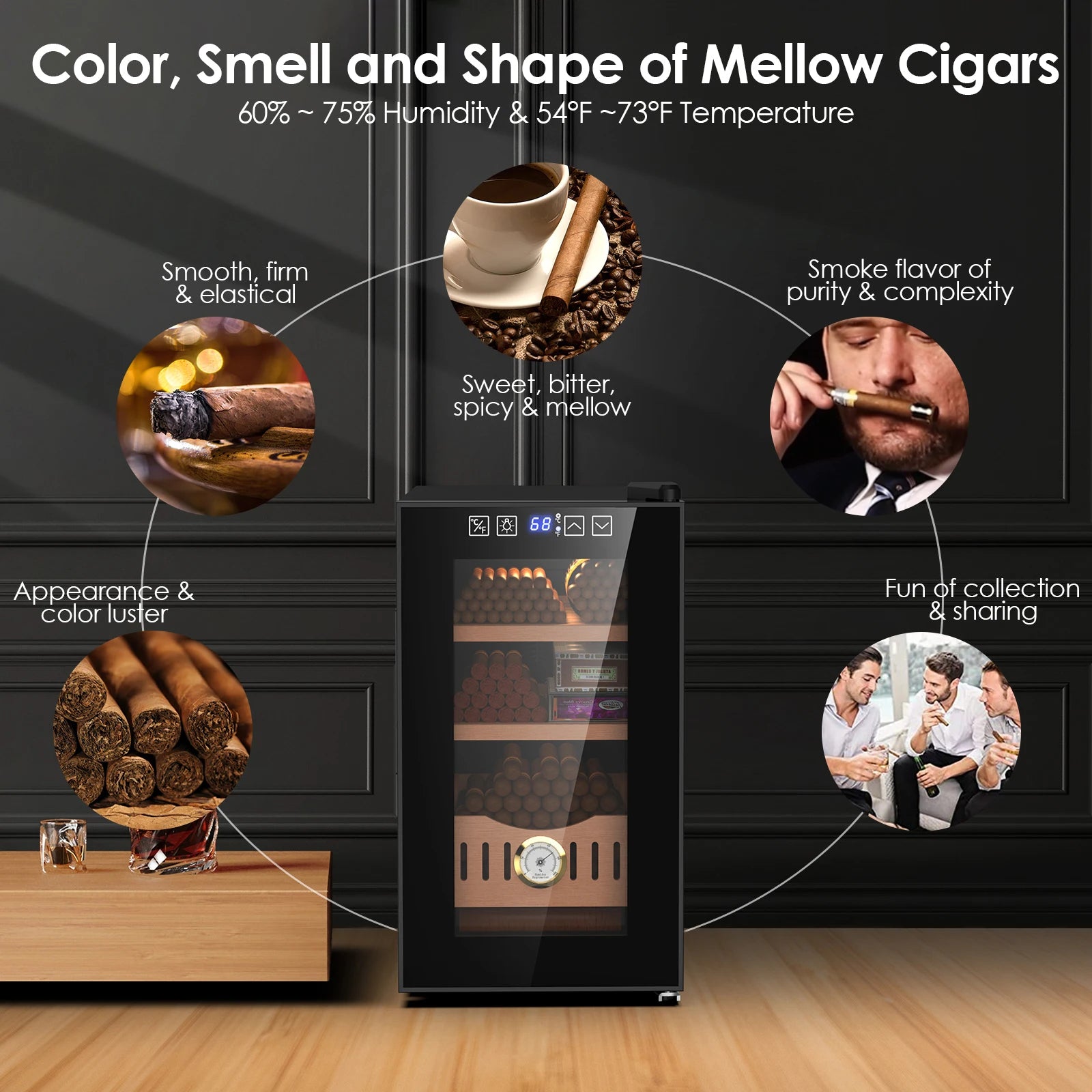 25L Thermostatic Electric Humidor 200 Counts Large Cigar Humidor Cooling and Heating Temperature Control Cabinet Cigar Fridge