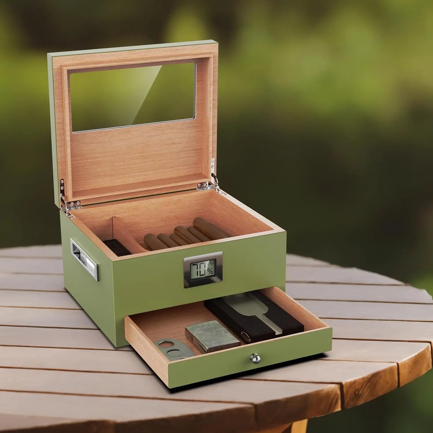 Cigar Humidor Box w/ Hygrometer Humidifier Portable Smoking Accessories Glass Window Cigarette Cedar Wood Case Holds 30-70 Count