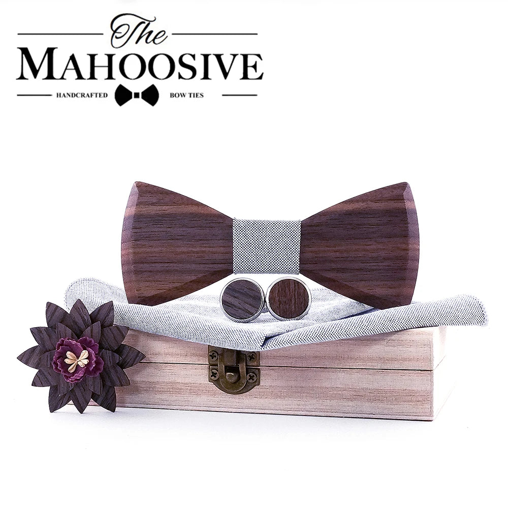 Wooden Bow Tie Handkerchief Set Men with Cufflinks Lapel Flowers Floral Design Wood Box Fashion Novelty Men Ties