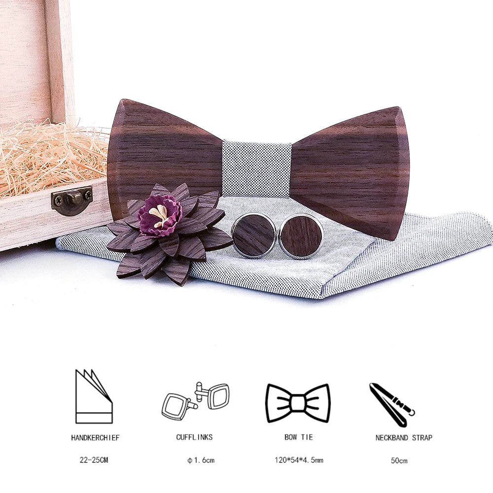 Wooden Bow Tie Handkerchief Set Men with Cufflinks Lapel Flowers Floral Design Wood Box Fashion Novelty Men Ties