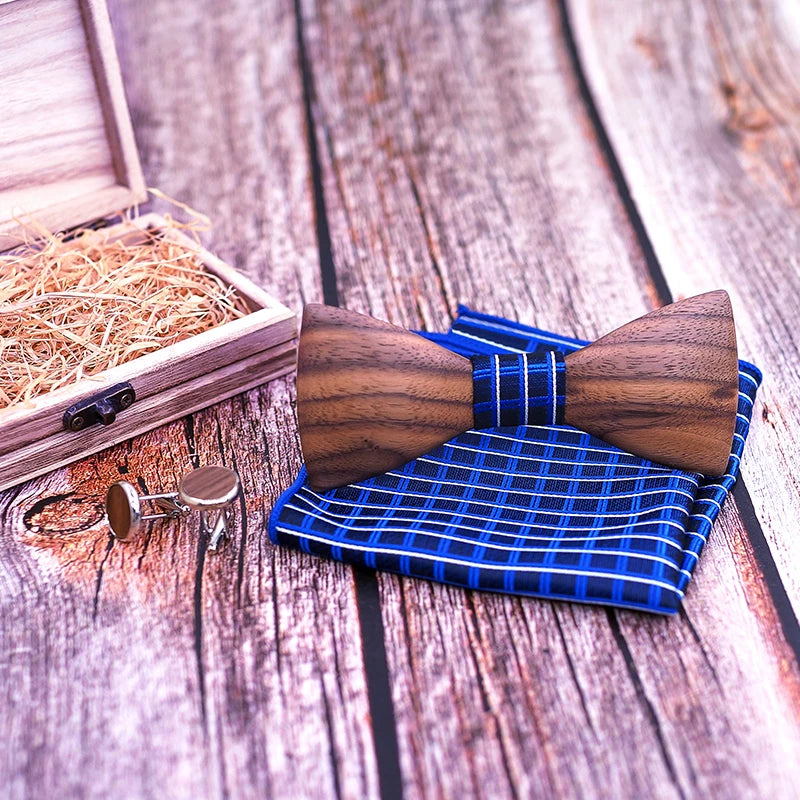 3D Men Wooden Bow Tie Set BowTie and Handkerchiefs Cufflinks Necktie For Business Wedding Party Hombre new year Gift