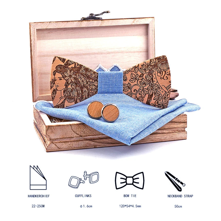 Original New Design Bowtie Natural Wooden bow tie Exquisite Hand Made Men Bow Tie cufflinks Wooden Gift Box Set