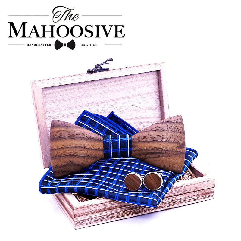 3D Men Wooden Bow Tie Set BowTie and Handkerchiefs Cufflinks Necktie For Business Wedding Party Hombre new year Gift