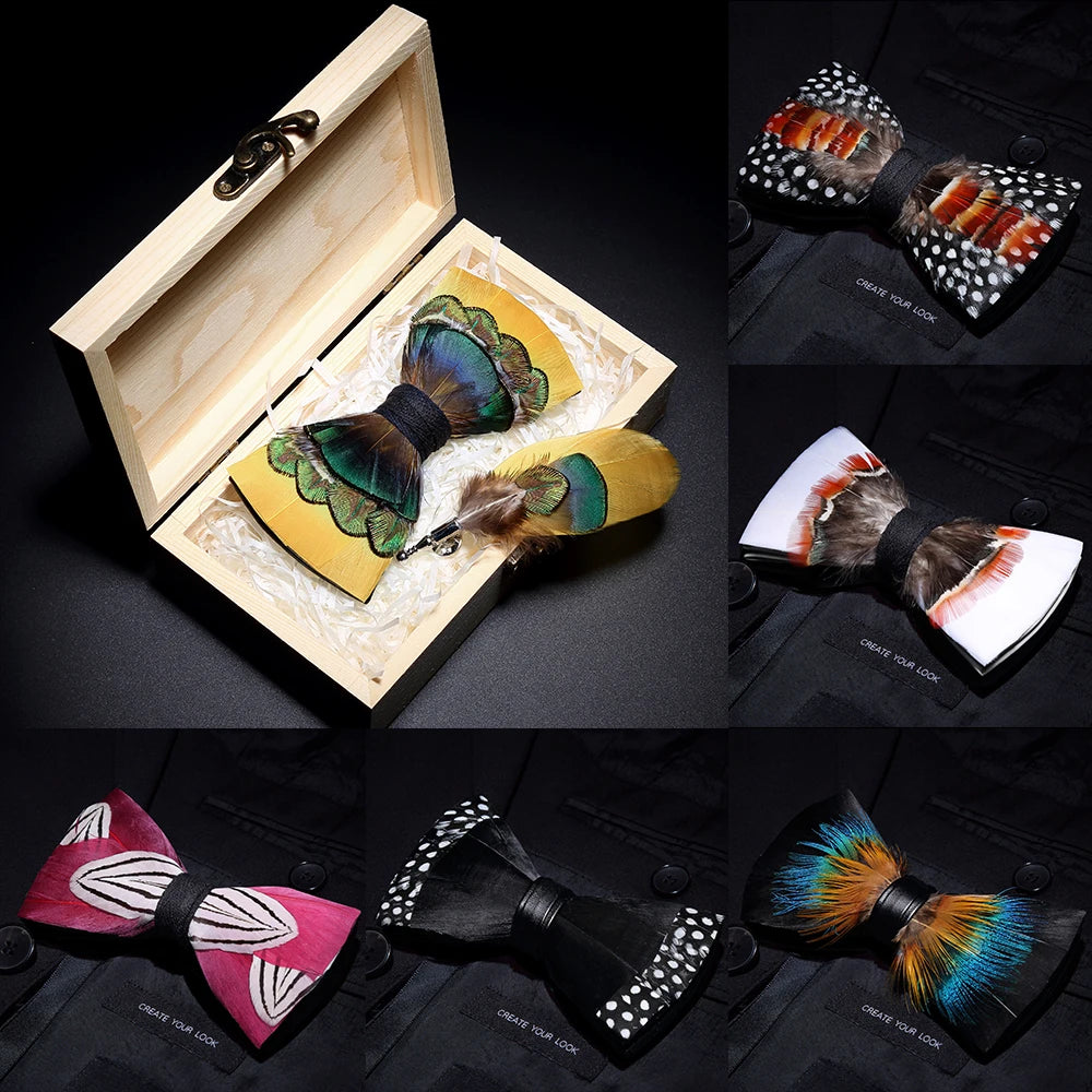 New Luxury Men Bow Tie handmade feather bowtie brooch Gift Box set Party Wedding Man Accessories Father Day gift