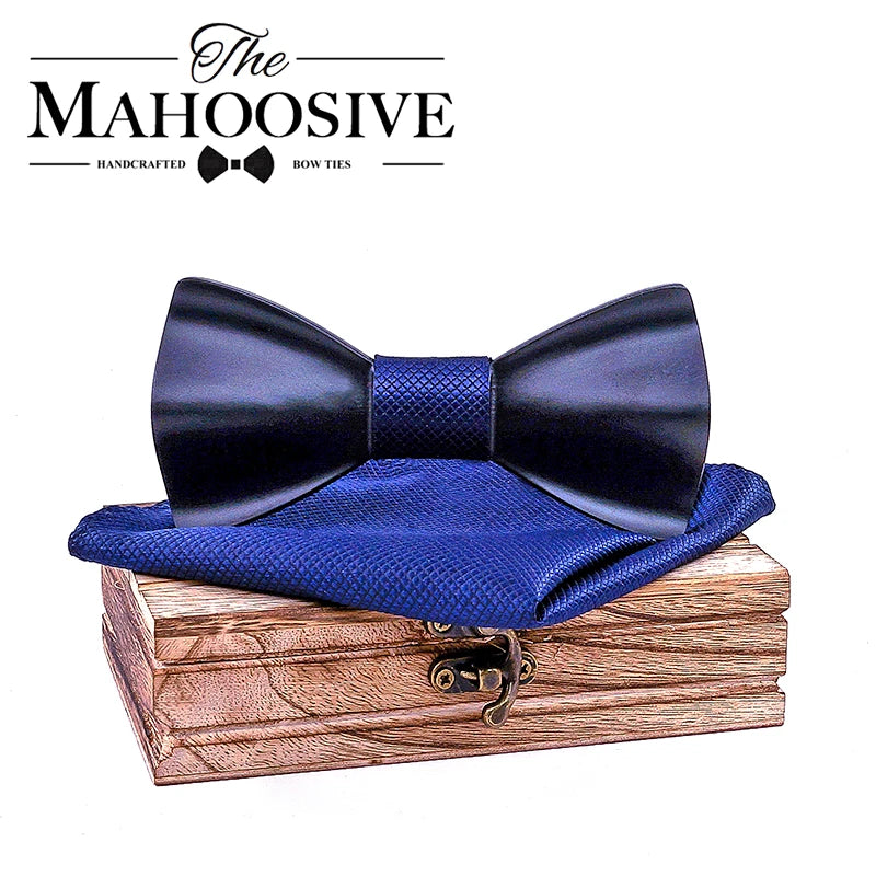 Black Mens Wood Bow tie Handkerchief Sets Marriage Groom Wooden BowTie Bowknots Wedding Party Neck Ties For Men