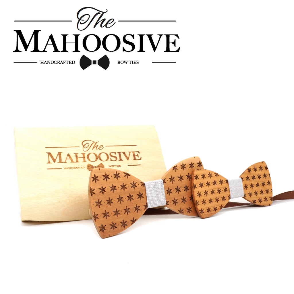 Mahoosive Wood Father Kids Tie Gravatas Corbatas Butterfly Cravat Party Gift Wooden Mens Children Bow Ties Wood box combo Set