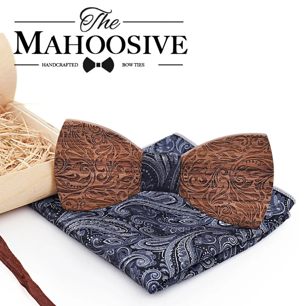 Wooden Mens Bow Tie Wood Neck Tie Set for Men Suits Tie Handkerchief Cufflinks Gravatas Ties for Men Wedding Vestidos Corbatas