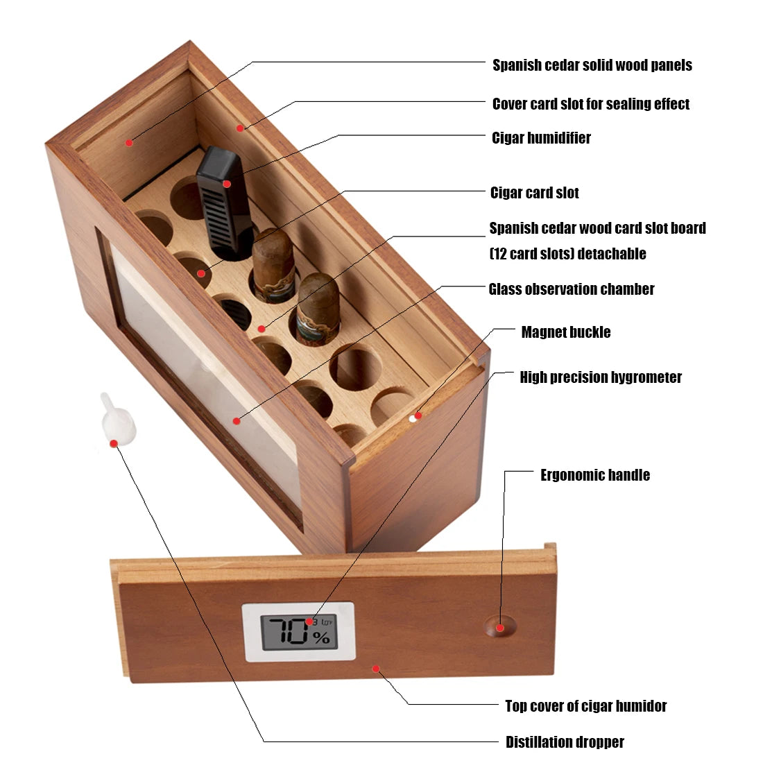 Cigar Humidor W/ Hygrometer Wood Handcrafted Case