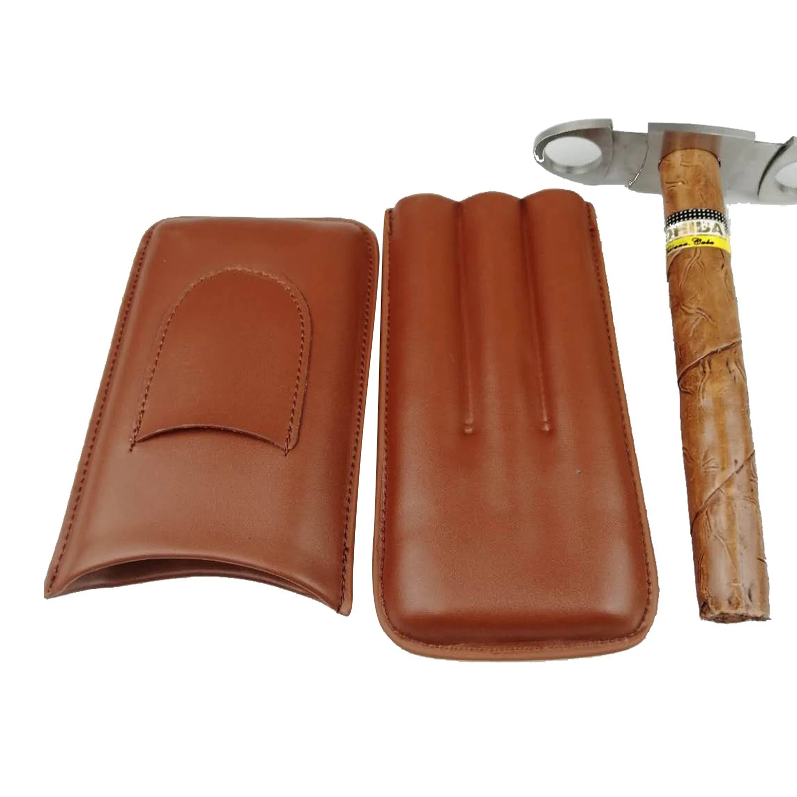 Leather Portable 3 Tube Humidor with Cigar Cutter