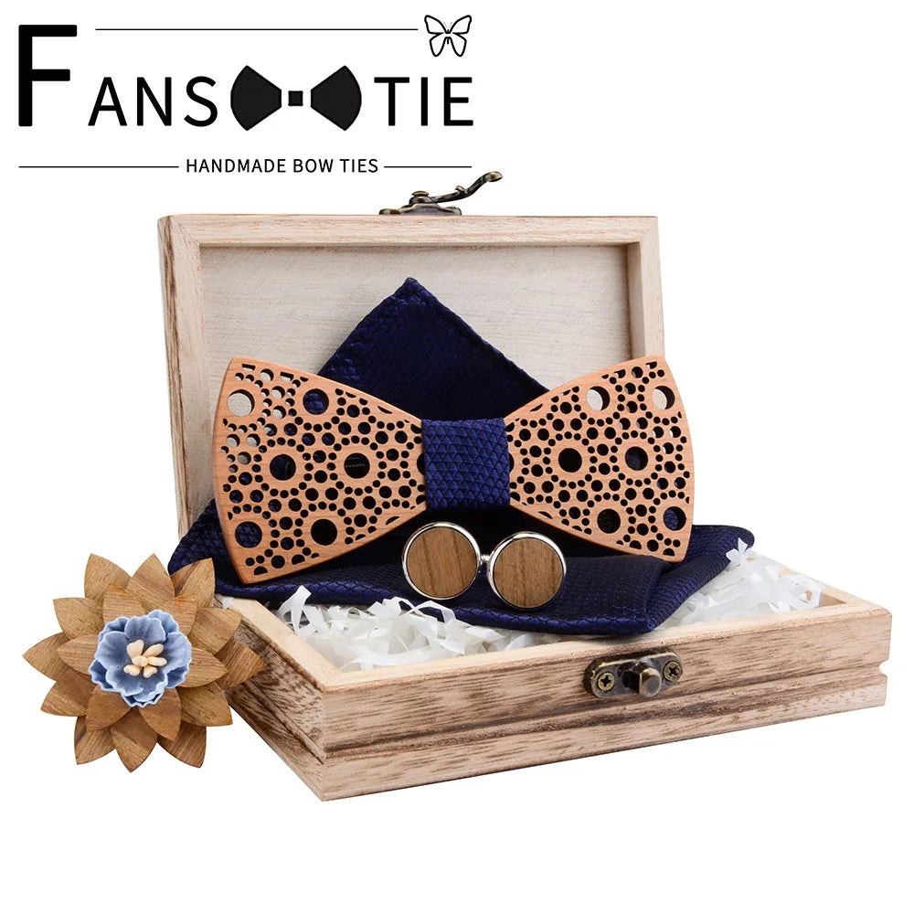 New Design 100% Wooden Hollow Wood Bow Ties Bowtie With Pocket Square Cufflinks Brooch For Men Christmas Gift Set With Box Ties