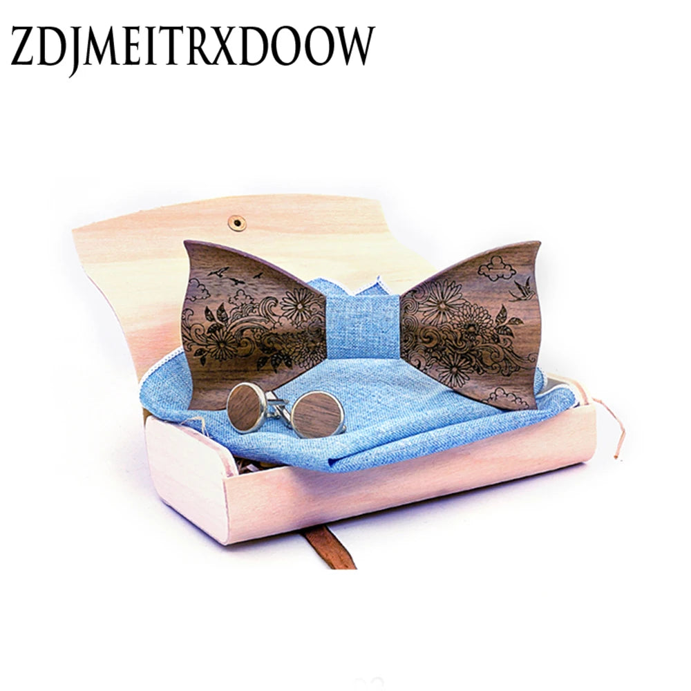 3D Wood Bowtie w/ Handkerchief & Cufflinks Sets