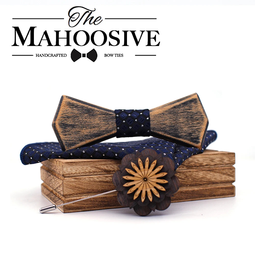 Old colored Vantage Wooden Hollow Wood Bow Ties Bowtie With Pocket Square Brooch For Men Christmas Gift Set With Box Ties