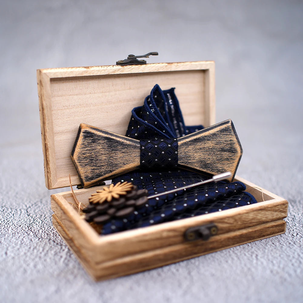 Old colored Vantage Wooden Hollow Wood Bow Ties Bowtie With Pocket Square Brooch For Men Christmas Gift Set With Box Ties