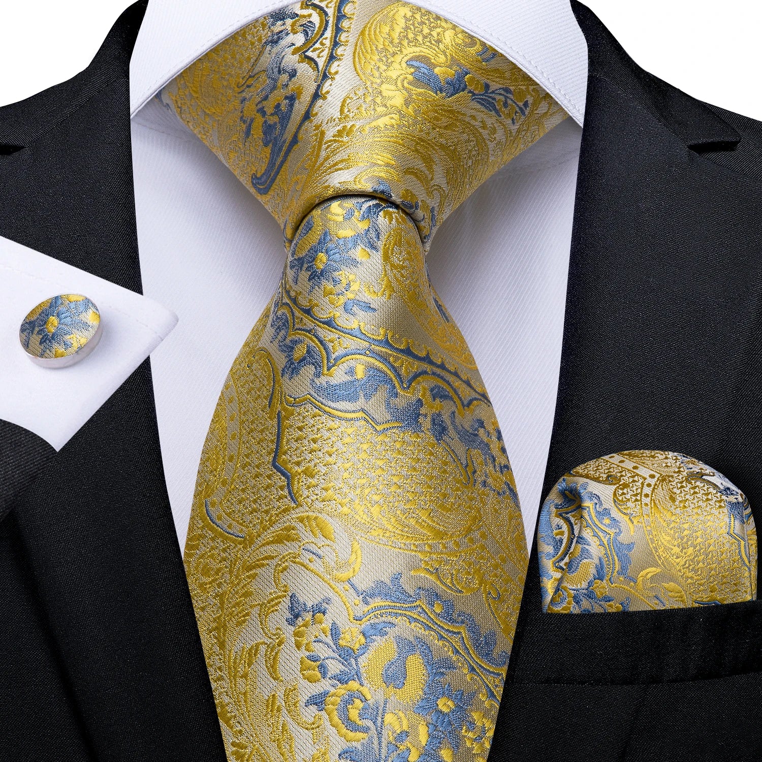 Men's Ties Gold Blue Paisley Silk Jacquard Woven Wedding Prom Luxury Accessories Necktie Pocket Square Cufflinks Gift for Men