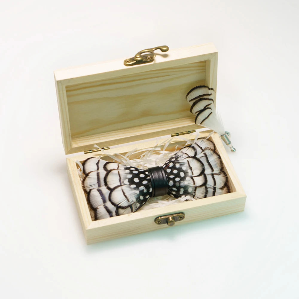 Wedding Bow Tie for Men handmade feather bow tie black white Pre-tied bowtie  brooch wooden box Set for Party birthday Gift