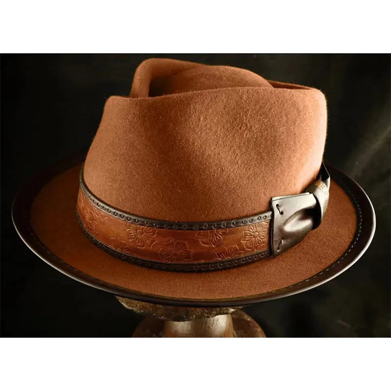 Classic leather hemmed pure wool fedora