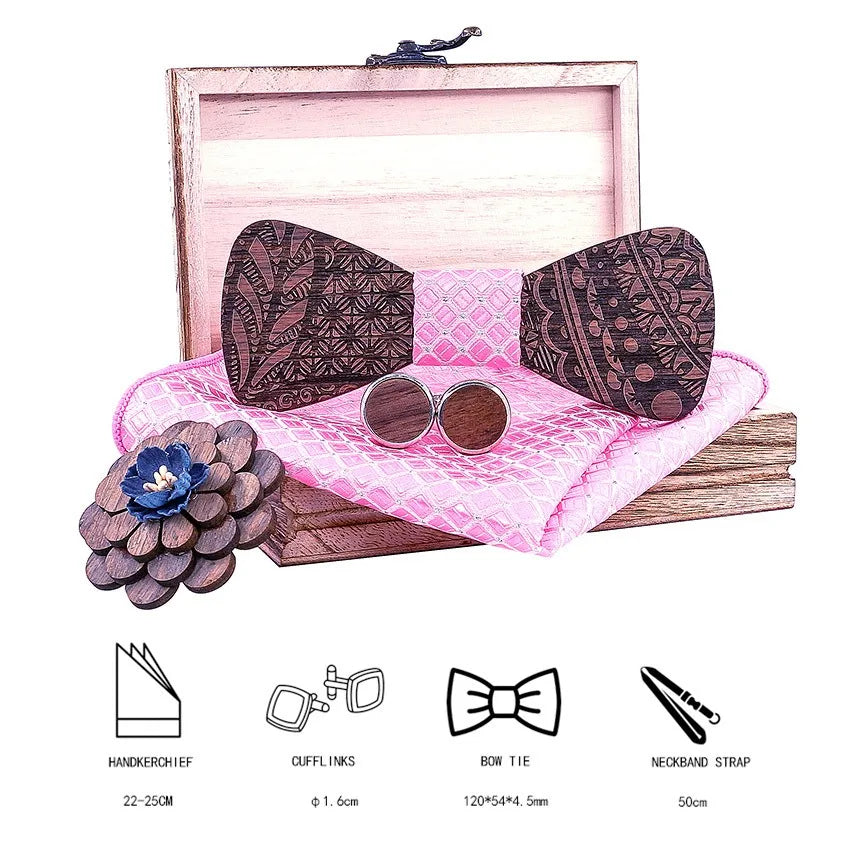 3D Carving Wedding Pink Wooden Bow Tie Men's Formal Dress Accessories Wedding Gift Tie Cufflinks, Handkerchief Chest Flower Set