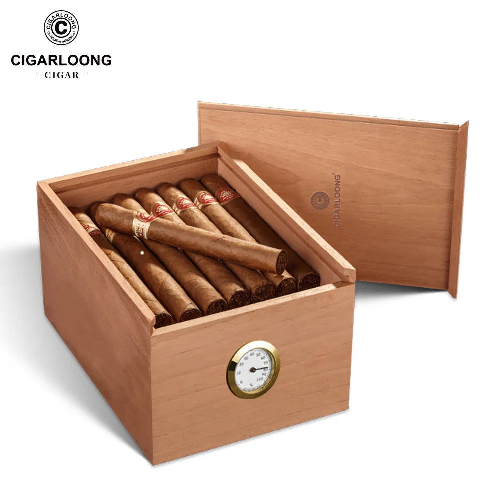 Cigar Humidor Cedar Wood Storage Cigar Box Double Layer Design No Paint Case with Hygrometer Large Capacity for 30 Cigars HH-116