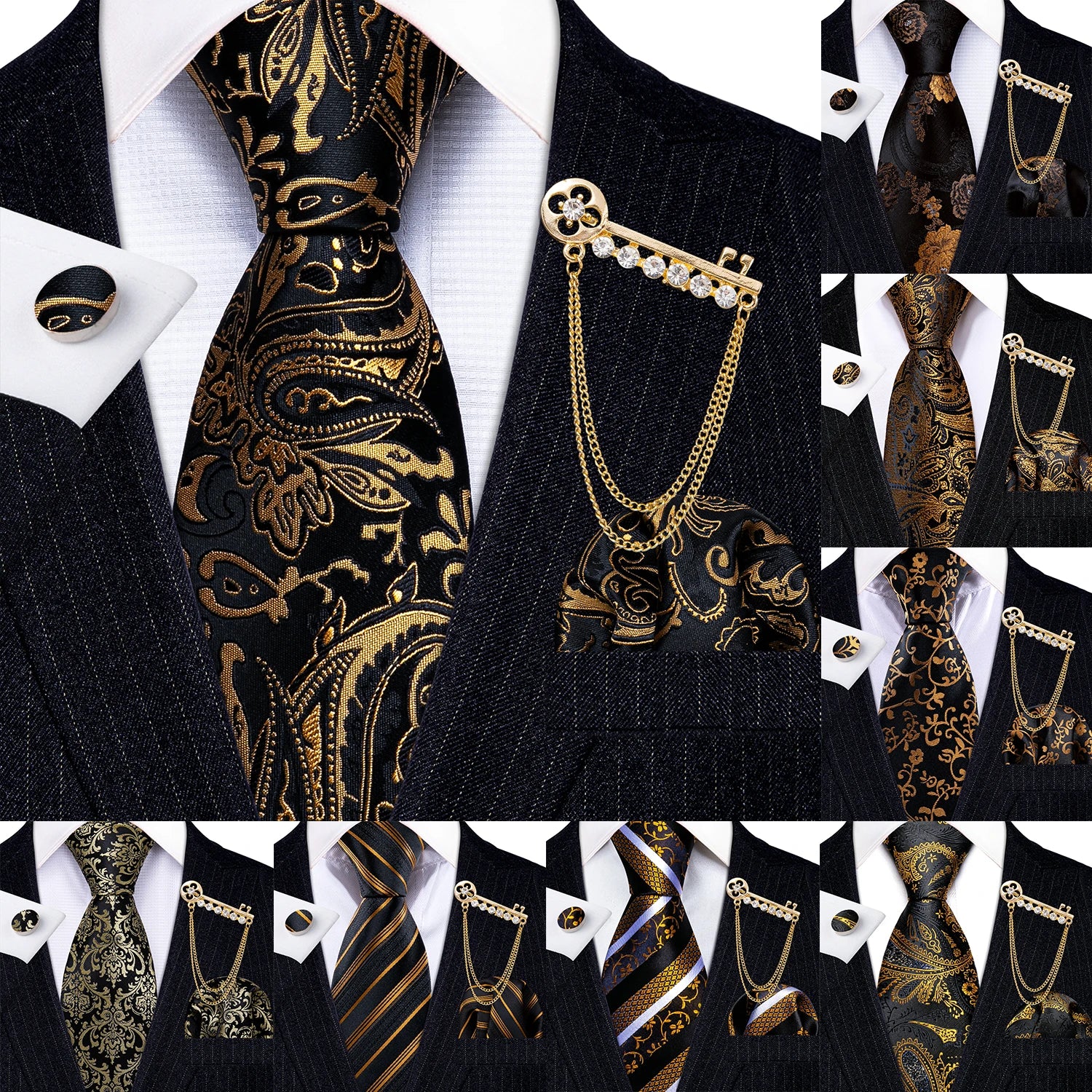 Barry.Wang Gold Black Jacquard Mens Tie Hanky Cufflink Brooch Set Floral Paisley Necktie Pin For Male Wedding Business Gift