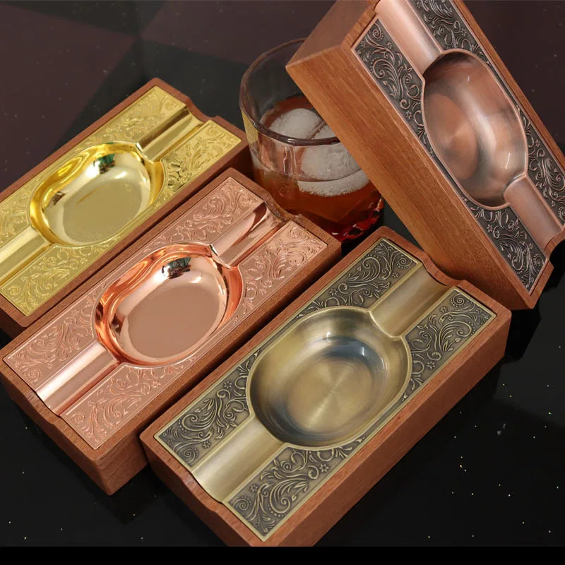 Solid Wood Cigar Ashtray, High-end, Creative, Light, Luxury Metal, Portable, Home, Double Slot, Vintage Cigarette Ashtray