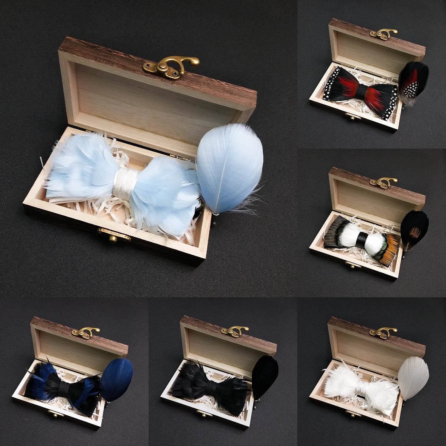 EASTEPIC Dreamy Blue Bow Ties for Men Fancy Pin Wooden Box Men's Accessory Adjustable Strap Wedding Ceremony Quality Feather