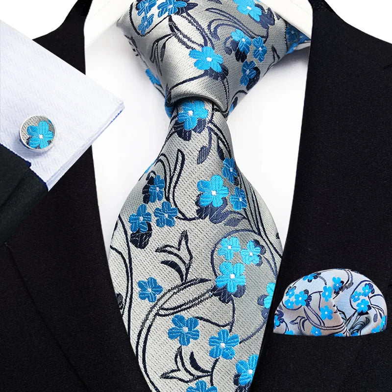 Floral Blue Ties For Men Wedding Party Business Man Tie Handkerchief Brooch Cufflinks Set Men Accessories Gravata