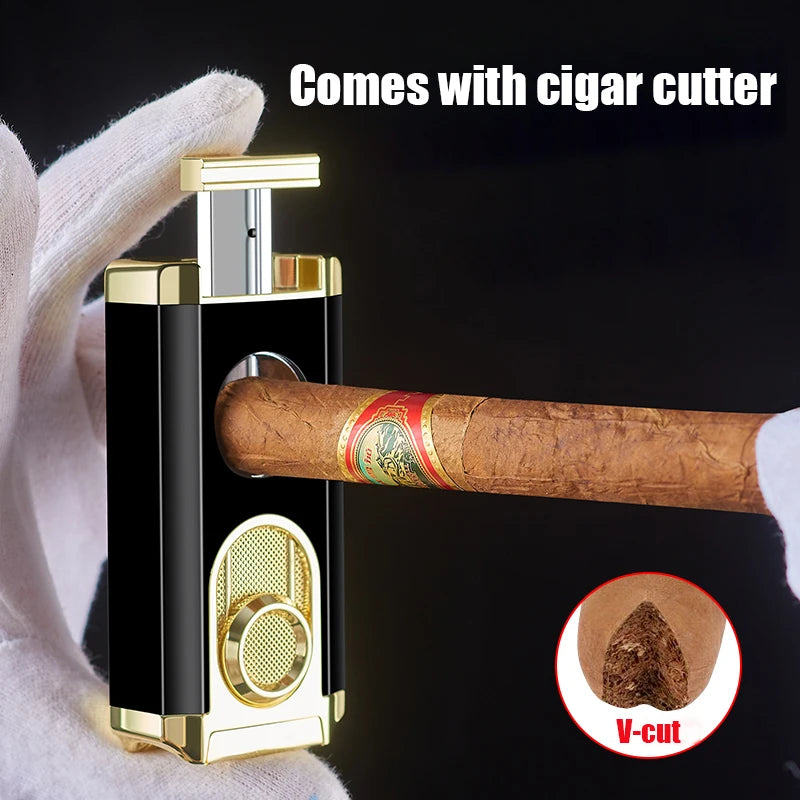 Multifunctional Cigar Lighter Powerful Three Blue Flame Visible Gas Window V-shaped Cigar Cutter Ignition Gadgets