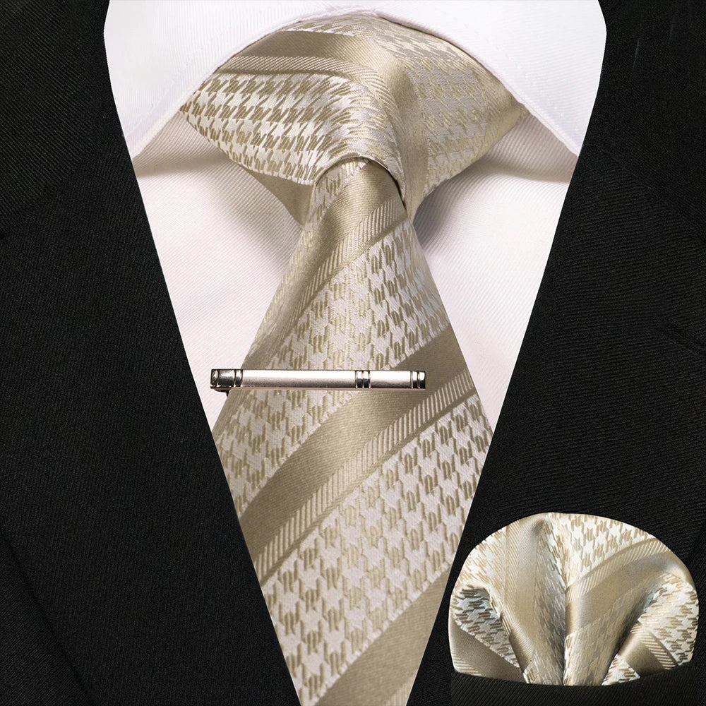 JEMYGINS Business Tie for Men Silk Navy blue Tie striped Paisley Necktie Handkerchief Tie clips Set for Wedding Party Gift