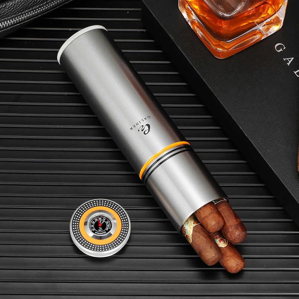 GALINER Aluminium Alloy Travel Cigar Humidor Metal Jar Cigar Tube Holder W/ Hygrometer Humidifer Cigar Accessoires Case