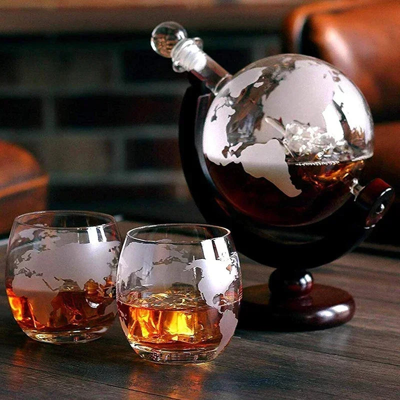 Globe Decanter Set with Exquisite Wood-stand and 2 Whiskey Glasses