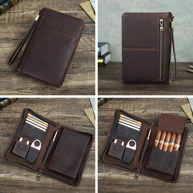 Leather Humidor Pack of 5 with Wrist Zipper Multifunctional Travel Convenient Cigar Case Leather Case