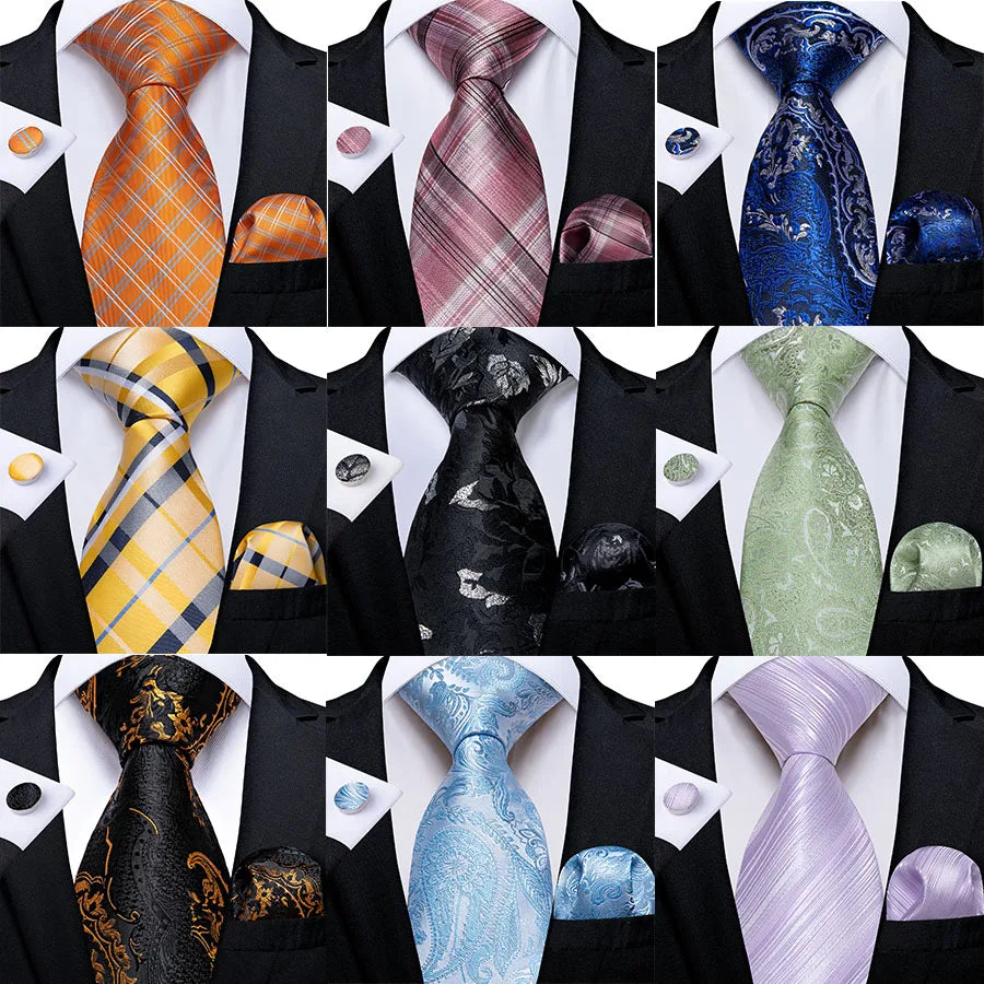 3Pcs DiBanGu Men's Paisley Plaid Solid Polyester Ties Pocket Square Cufflinks Wedding Prom Accessories 8cm Cravat Gift for Men