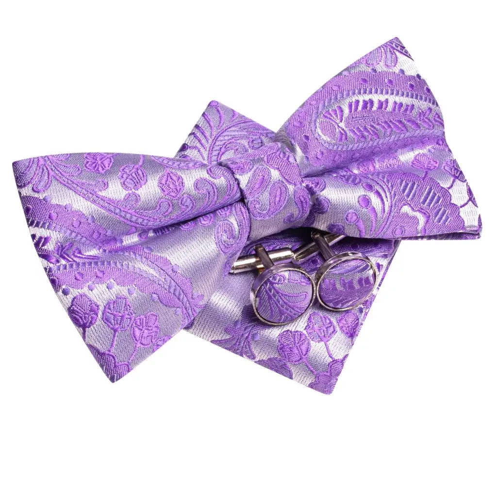 Purple Lilac Lavender Pansy Violet Silk Mens Bow Tie Hanky Cuffs Set Pre-tied Butterfly Knot Bowtie for Male Wedding Business