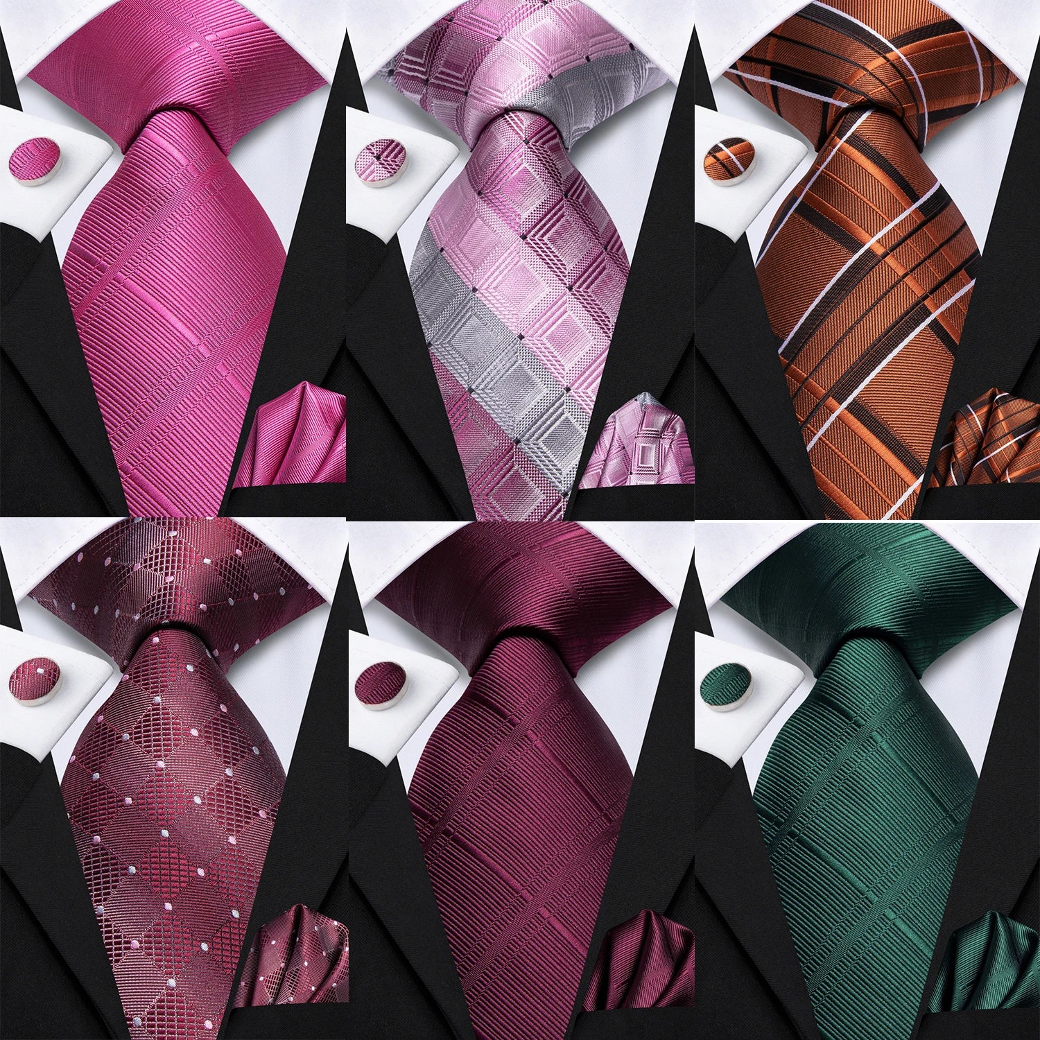 Hi-Tie Plum Color Pliads Mens Fashion Necktie Handkerchief Cufflinks for Tuxedo Classic Tie Man Gift Valentine's Day