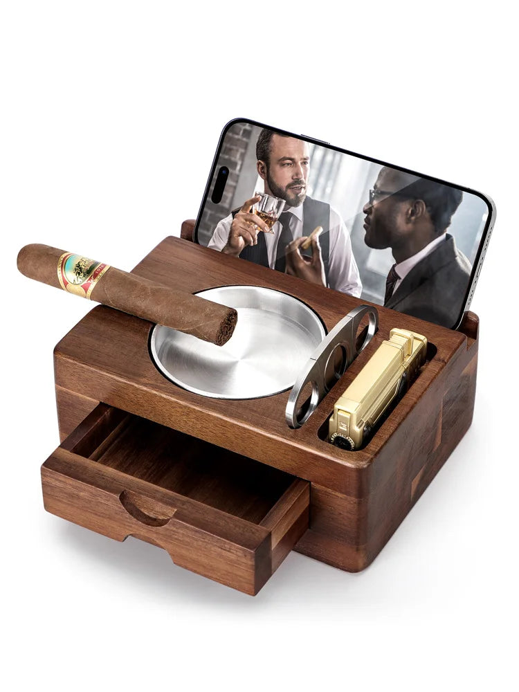 Multifunctional Personal Wooden Cigar Ashtray with Drawer and Accessory Holder