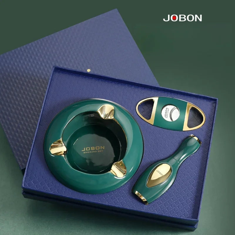 JOBON Cigar Set Butane Gas Lighter High end Ashtray Cigar Clipper Three-piece Set Jade Bottle Cigar Special Lighters Smoking