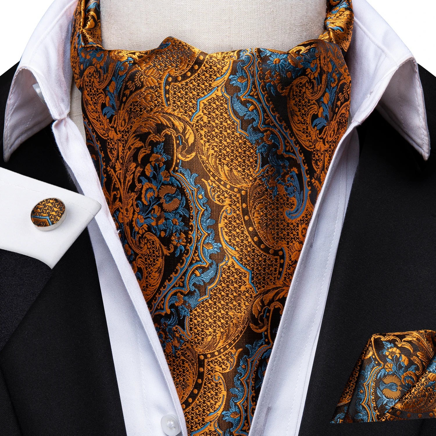 Hi-Tie Silk Men's Ascot Pocket Square Cufflinks Set Jacquard Floral Paisley Cravat Tie Male Formal Wedding Prom Gold Red Blue