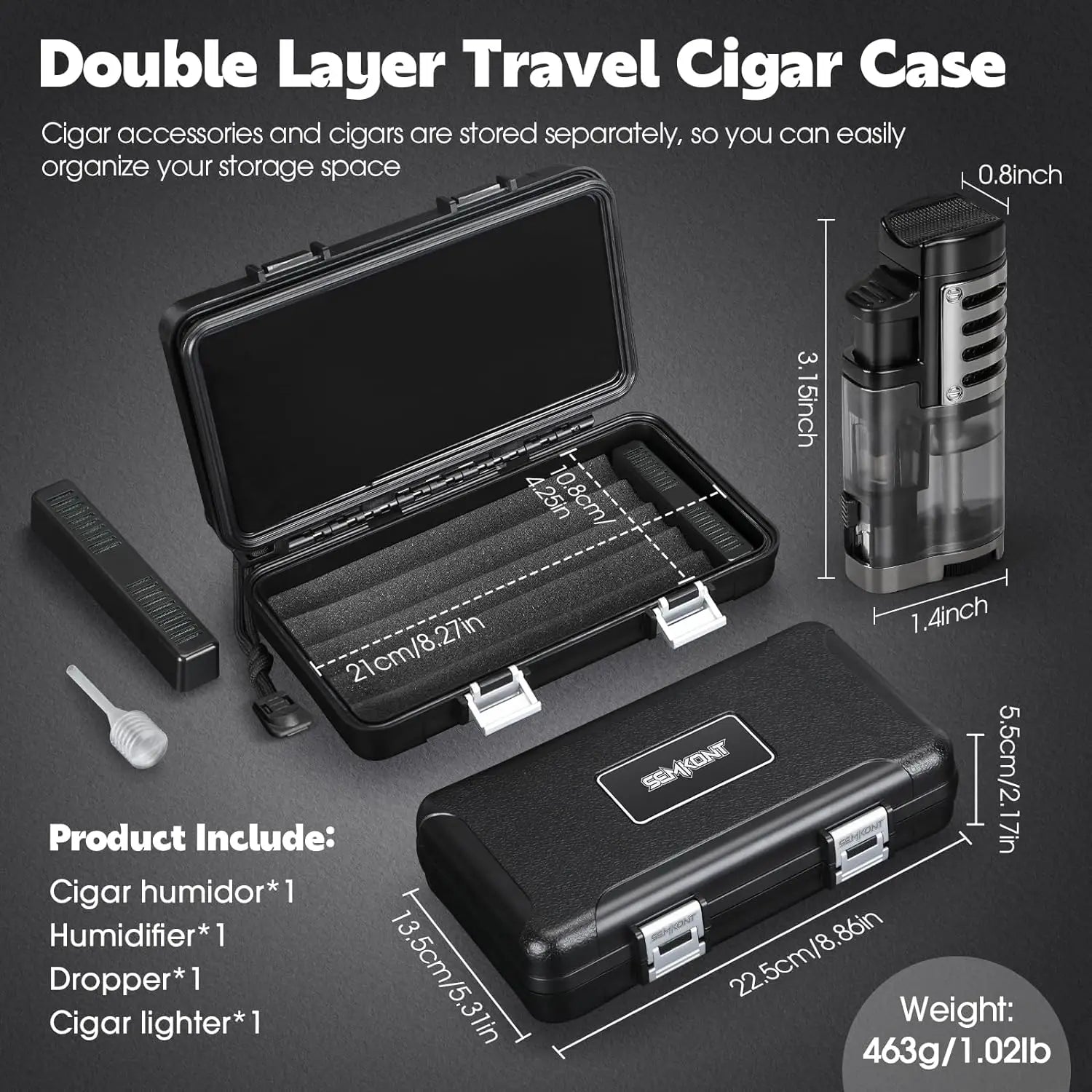 SEMKONT Portable Cigar Humidor with Cigar Lighter and Separate Storage for Cigar Accessories