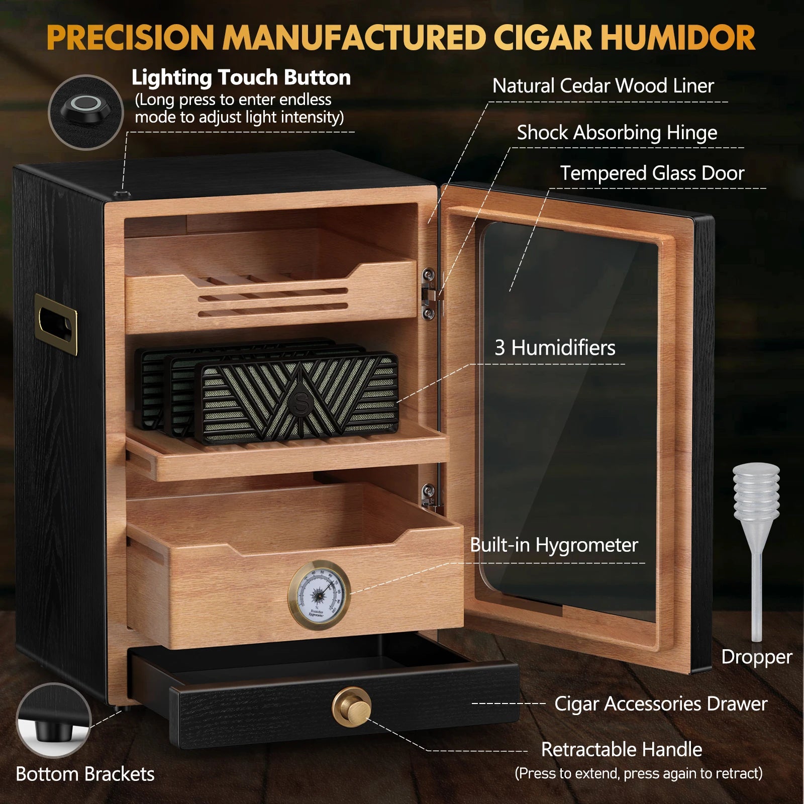 Cigar Humidor Cabinet, Light Control, Cedar Wood Shelves, Hygrometer, 3 Humidifiers, Cigar Accessories Drawer