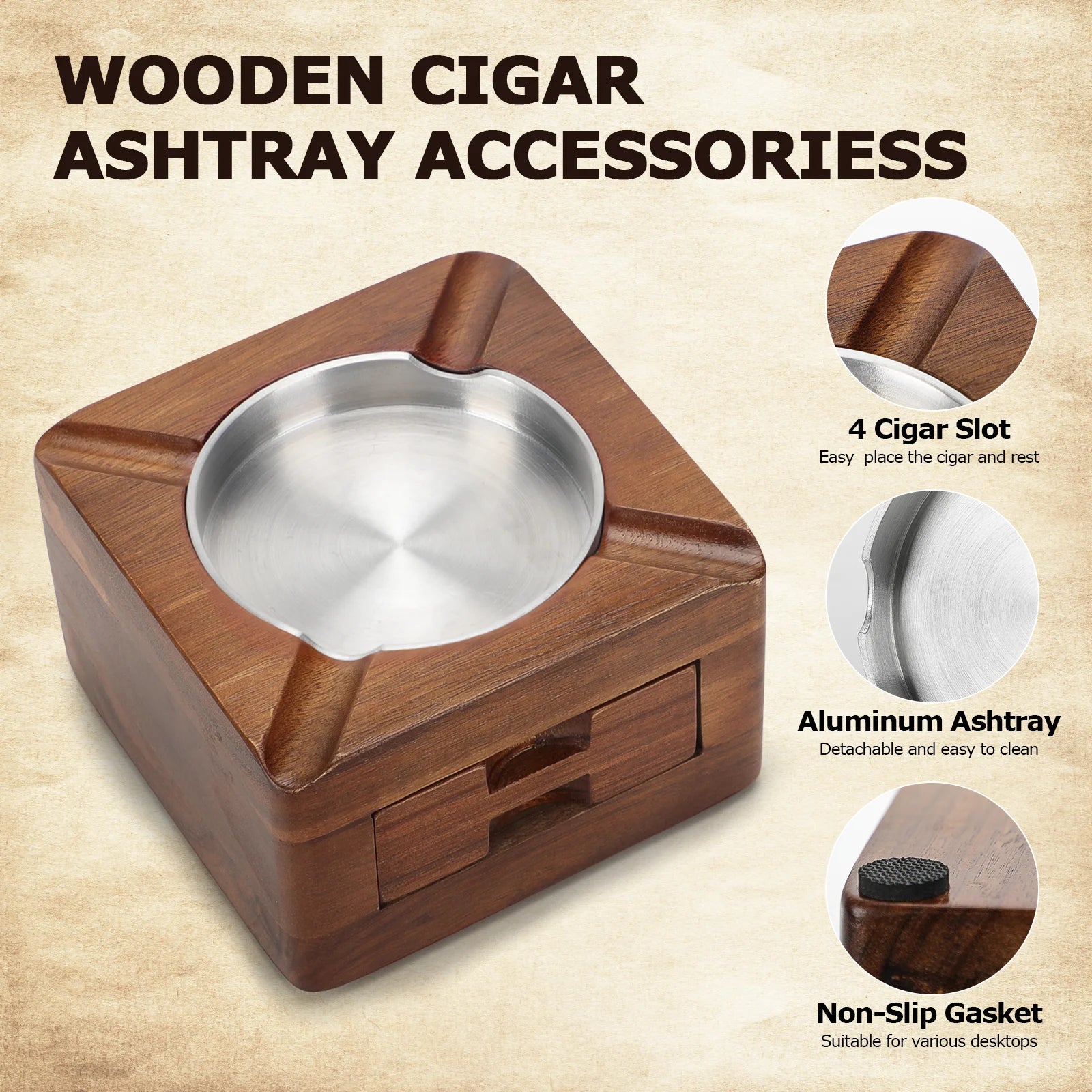 Personal Wooden Cigar Ashtray for Indoor, Outdoor, Patio or Home Office
