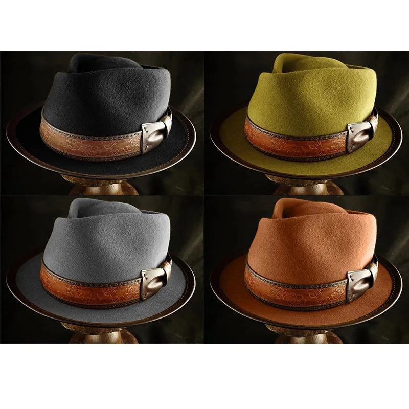 Classic leather hemmed pure wool fedora