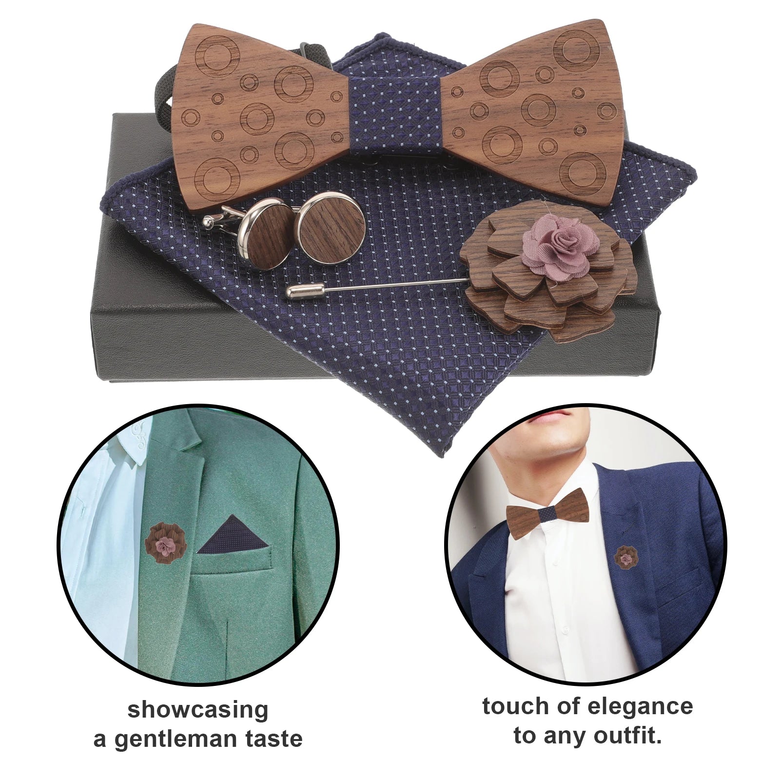 Wooden Bow Tie Set Men Lapel Pin H kerchief Suit Accessories Wedding Groom Bowtie Gentleman Stylish Fashion Gift Idea