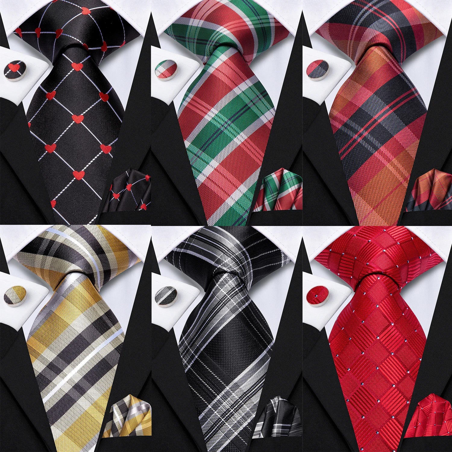 Hi-Tie  Black Red Heart Plaids Mens Fashion Necktie Handkerchief Cufflinks for Tuxedo Classic Tie Man Gift Valentine's Day