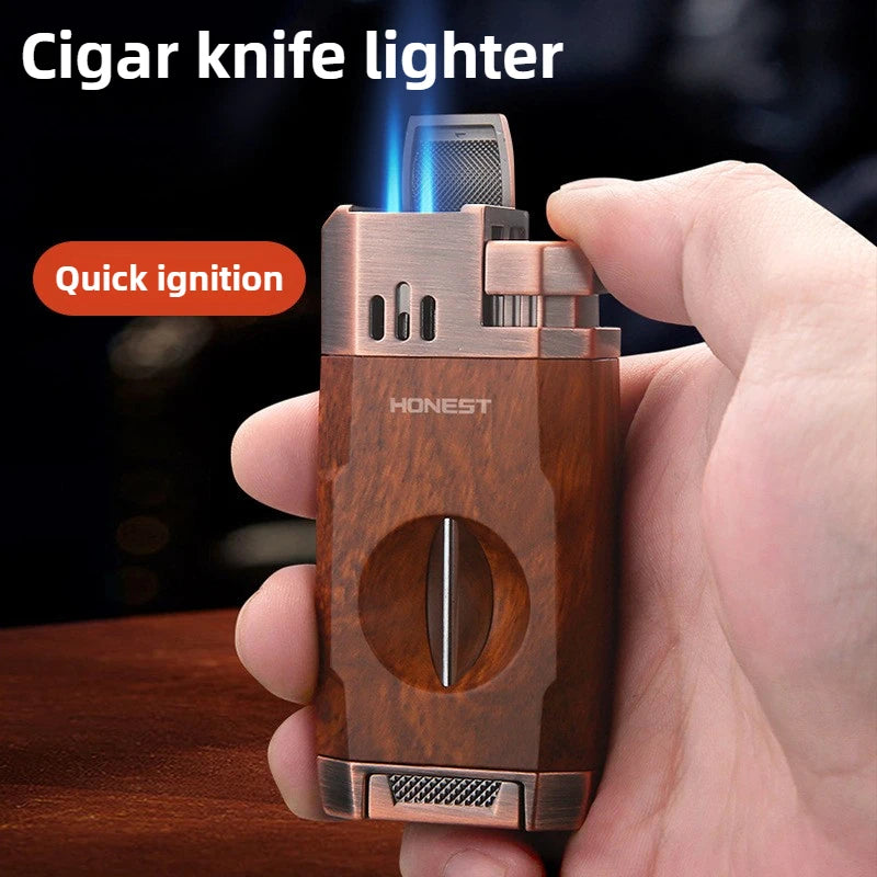 HONEST  Windproof Double Jet Flame Butane Cigar Lighter with Cutter, Refillable Durable Torch for Outdoor Cigars & Pipe Lighting