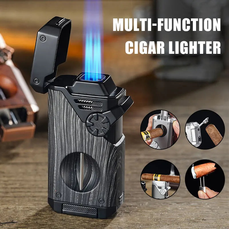 Four Blue Flame Rocker Cigar Lighter V-Cigar Cutter Cigar Rig Anti-Hot Fork Visual Gas Window Multi-Function Ignition