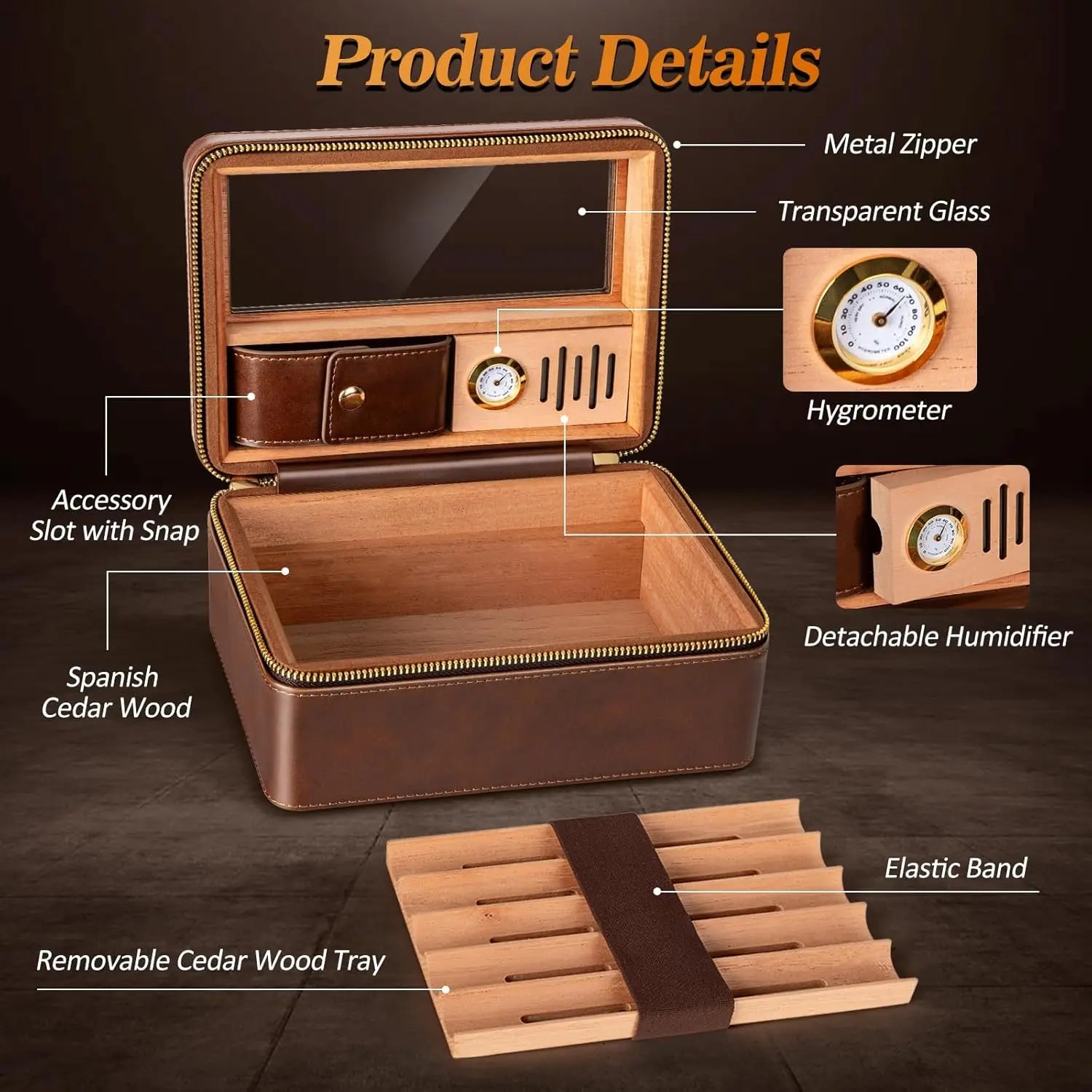 Travel Cigar Humidor with Built-in Humidifier and Glass Top