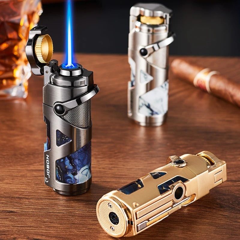 Three-in-one Cigar Windproof Lighter, New Product Personalized Metal Rocker Ignition Folding Multifunction Blue Flame Lighter