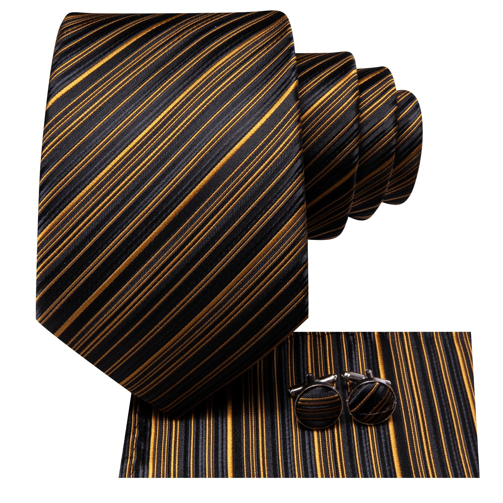 Hi-Tie Striped Silk Ties For Men Orange Golden Black Handky Cufflinks Set Fashion Gift Men's Tie Wedding Business Necktie