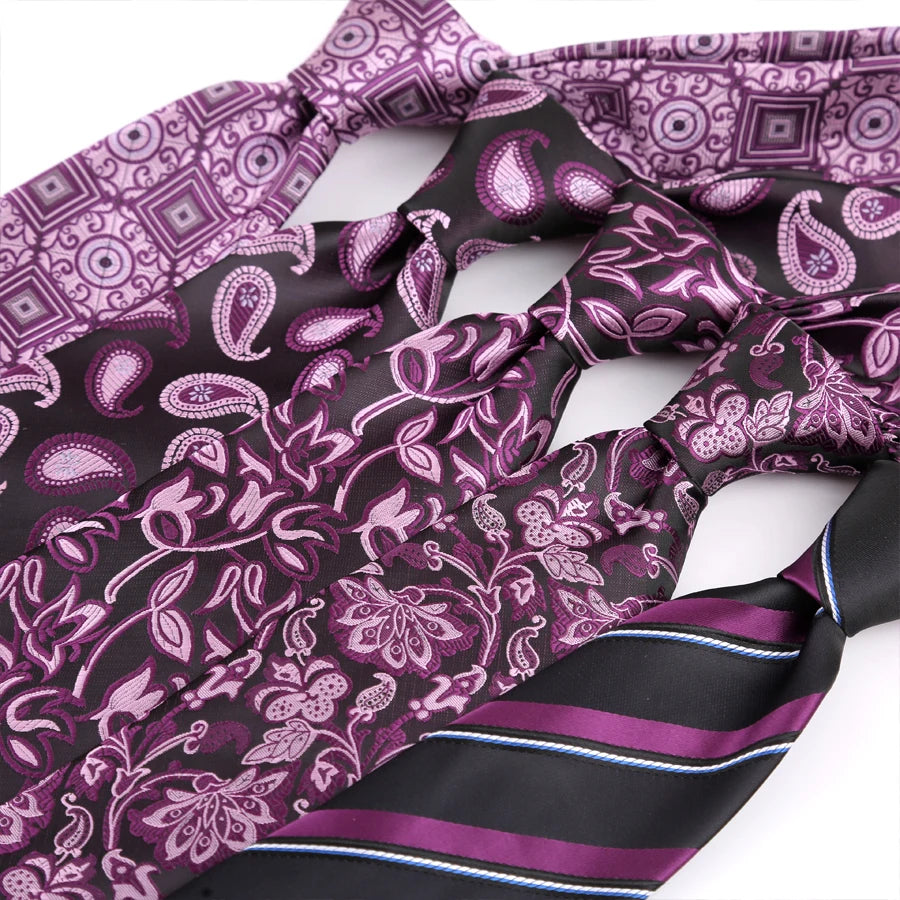 Luxury 8CM Mens Tie Necktie Floral Stripes Dark Purple Ties For Man Groom Jacquard Woven Neck Tie For Business Wedding Party
